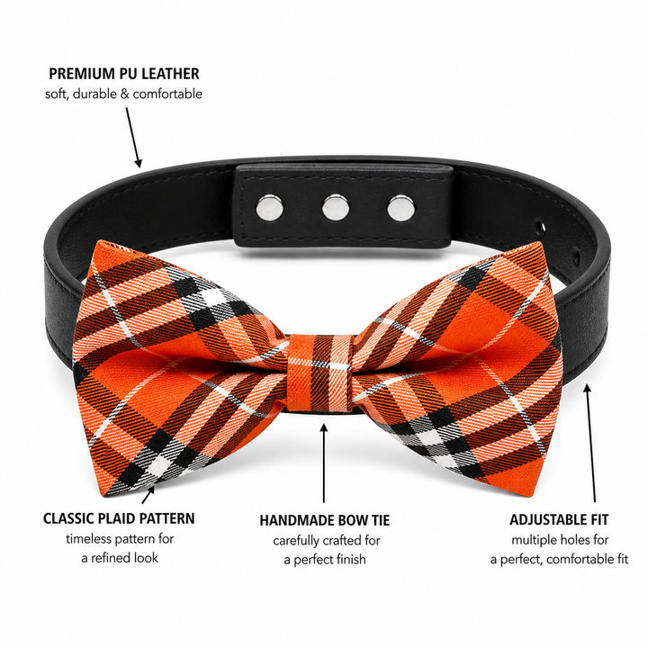 Orange plaid dog bow tie collar feature guide showing tartan pattern, black vegan leather collar, adjustable fit, and handmade craftsmanship