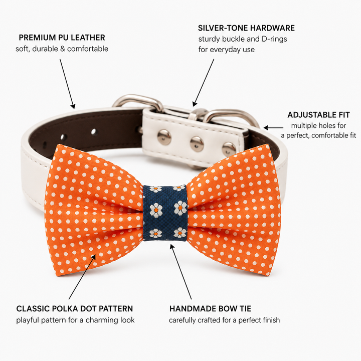 Orange polka dot dog bow tie collar feature guide showing vegan leather collar, adjustable fit, silver-tone hardware, and handmade craftsmanship