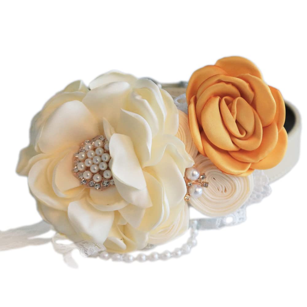 Handmade dog wedding collar featuring an ivory flower, orange rose accent, pearl embellishments, and elegant floral arrangement.