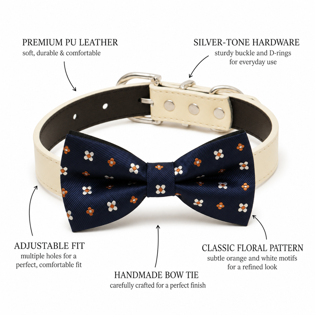 Dog bow tie collar feature guide showing floral pattern, cream vegan leather collar, silver-tone hardware, adjustable fit, and handmade craftsmanship