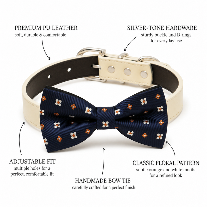 Dog bow tie collar feature guide showing floral pattern, cream vegan leather collar, silver-tone hardware, adjustable fit, and handmade craftsmanship