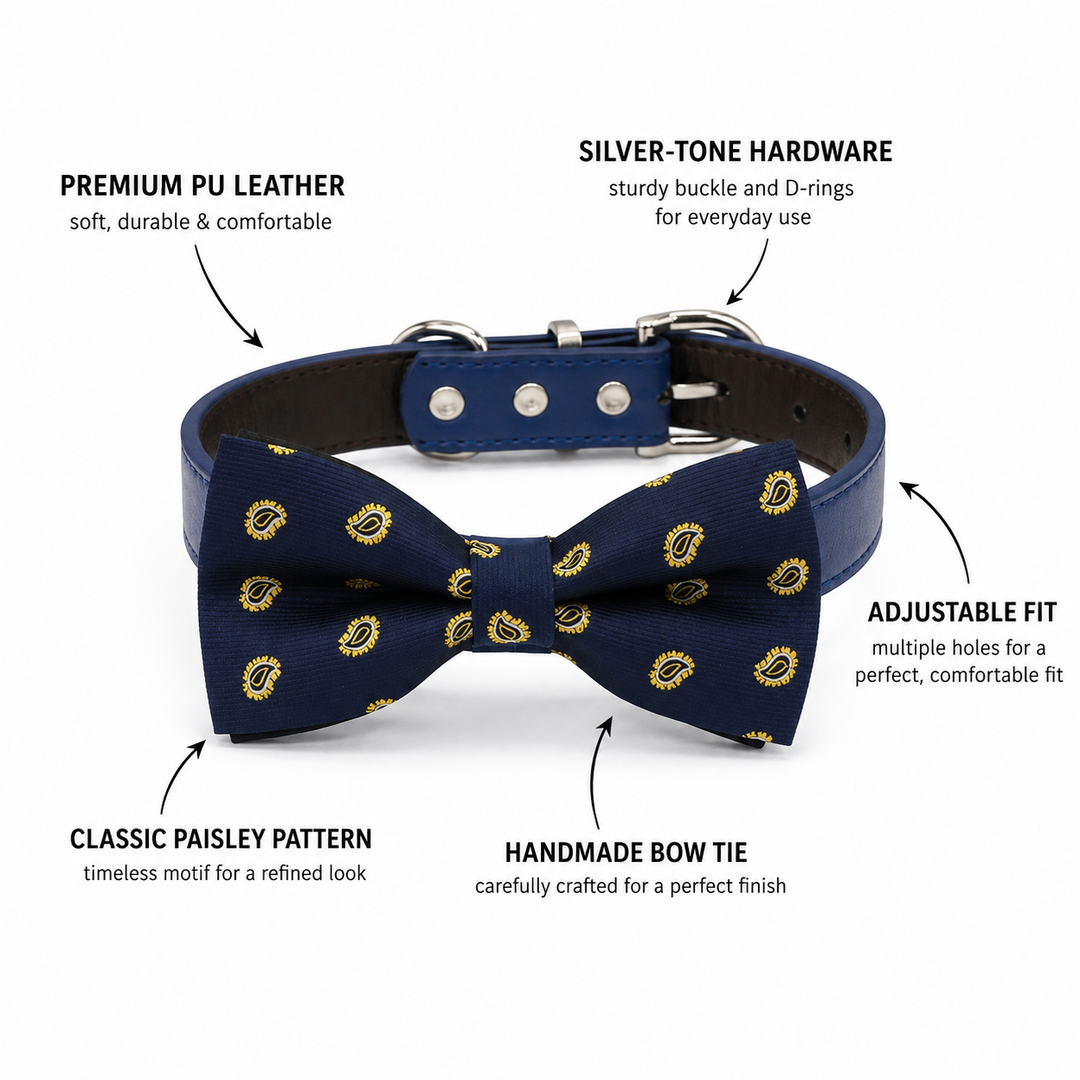 Dog bow tie collar feature guide showing classic paisley pattern, blue vegan leather collar, silver-tone hardware, adjustable fit, and handmade craftsmanship