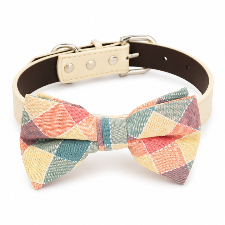 Pastel check pattern dog bow tie collar with cream vegan leather collar and soft multicolor design