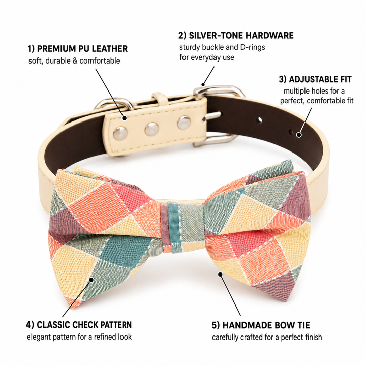 Pastel check dog bow tie collar feature guide showing vegan leather collar, adjustable fit, silver-tone hardware, and handmade craftsmanship