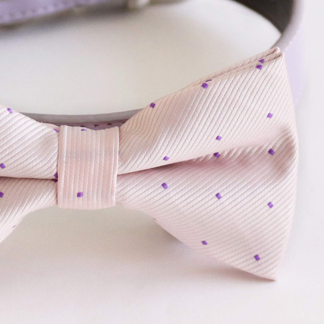 Pastel pink dog bow tie with subtle purple dot pattern and matching vegan leather collar