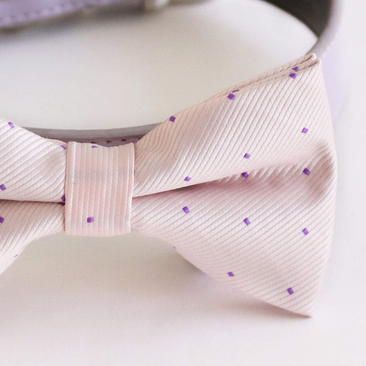 Pastel pink dog bow tie with subtle purple dot pattern and matching vegan leather collar