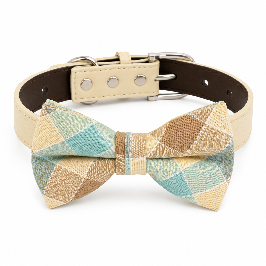 Pastel plaid dog bow tie collar with cream vegan leather collar and soft mint, beige, and ivory check pattern