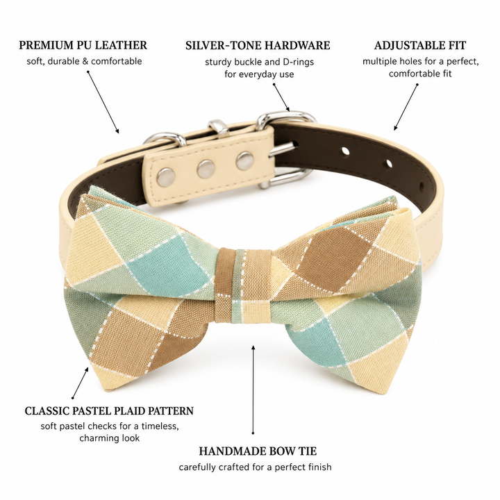 Pastel plaid dog bow tie collar feature guide showing vegan leather collar, silver-tone hardware, adjustable fit, and handmade bow tie