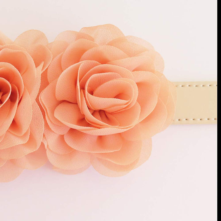 Peach double flower dog collar with soft chiffon roses attached to a cream vegan leather collar.