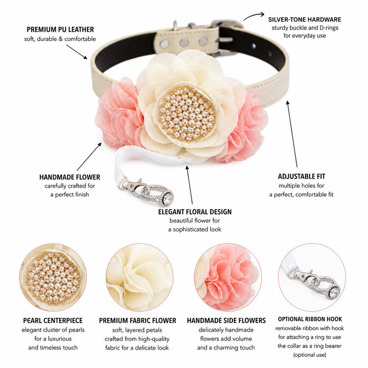 Feature guide showing ivory and peach floral dog collar with pearl centerpiece, vegan leather collar, silver-tone hardware, adjustable fit, and optional ring bearer ribbon hook.