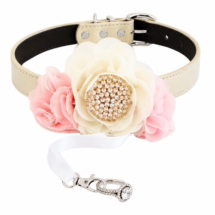 Ivory flower dog collar with peach side flowers, pearl center detail, and optional ring bearer ribbon attachment.