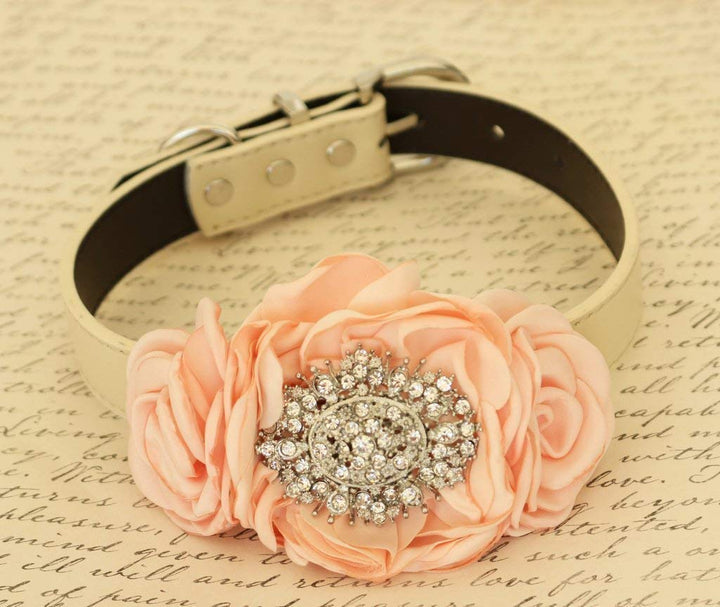 Handmade peach rose dog collar featuring rhinestone crystal centerpiece, fabric floral arrangement, and vegan leather collar