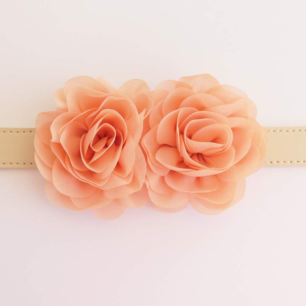 Two peach chiffon flower accents mounted on a cream dog collar for weddings and special occasions.