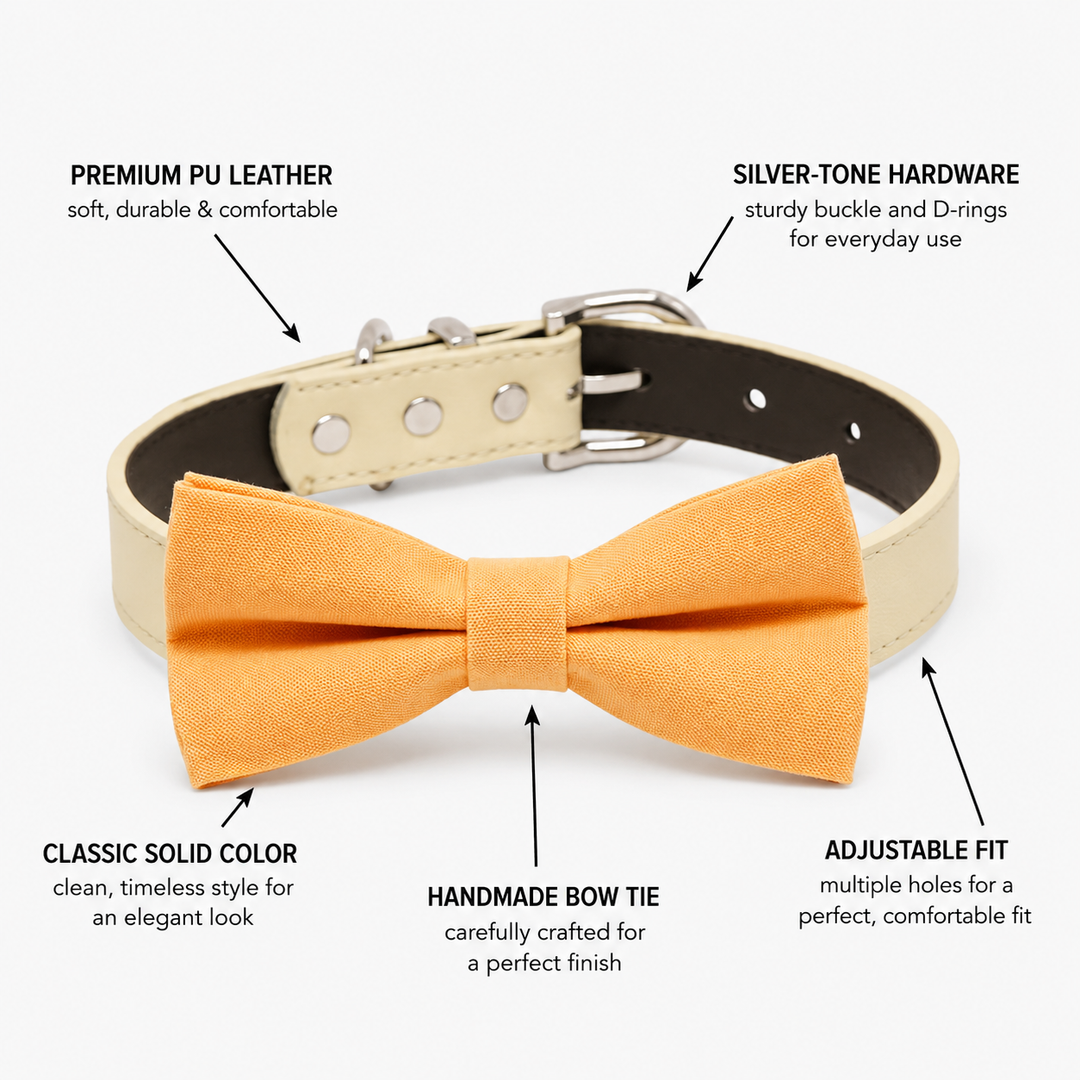 Peach solid color dog bow tie collar feature guide showing vegan leather collar, silver-tone hardware, adjustable fit, and handmade bow tie