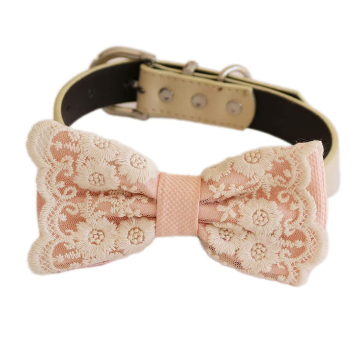 Pearl Blush floral embroidered dog bow tie collar with ivory vegan leather collar and delicate floral lace detailing
