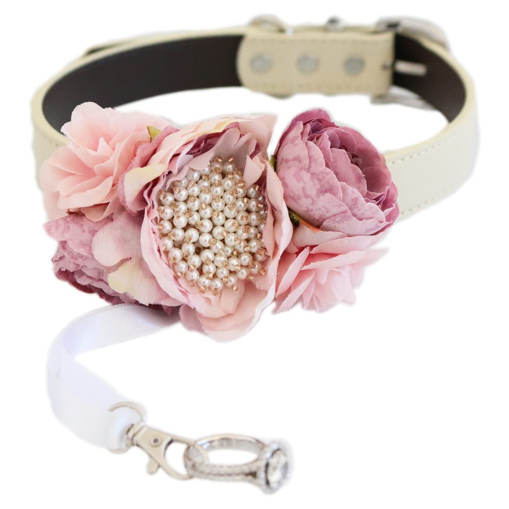 Handmade peony floral dog collar featuring blush pink and mauve flowers, pearl center detail, and elegant wedding styling