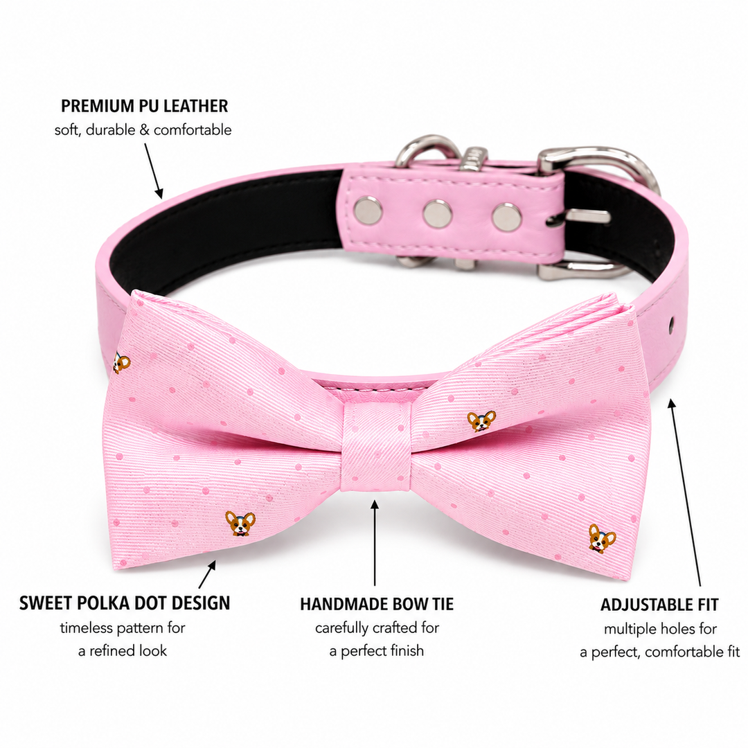 Pink corgi print dog bow tie collar feature guide showing vegan leather collar, adjustable fit, and handmade bow tie details