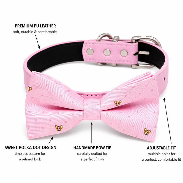 Pink corgi print dog bow tie collar feature guide showing vegan leather collar, adjustable fit, and handmade bow tie details