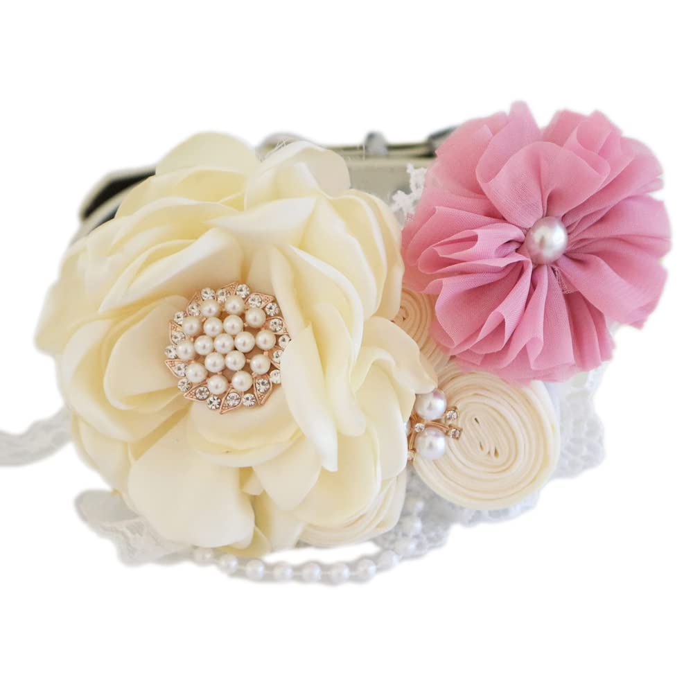 Handmade dog wedding collar featuring an ivory flower centerpiece, pink chiffon flower accent, lace details, and pearl embellishments.