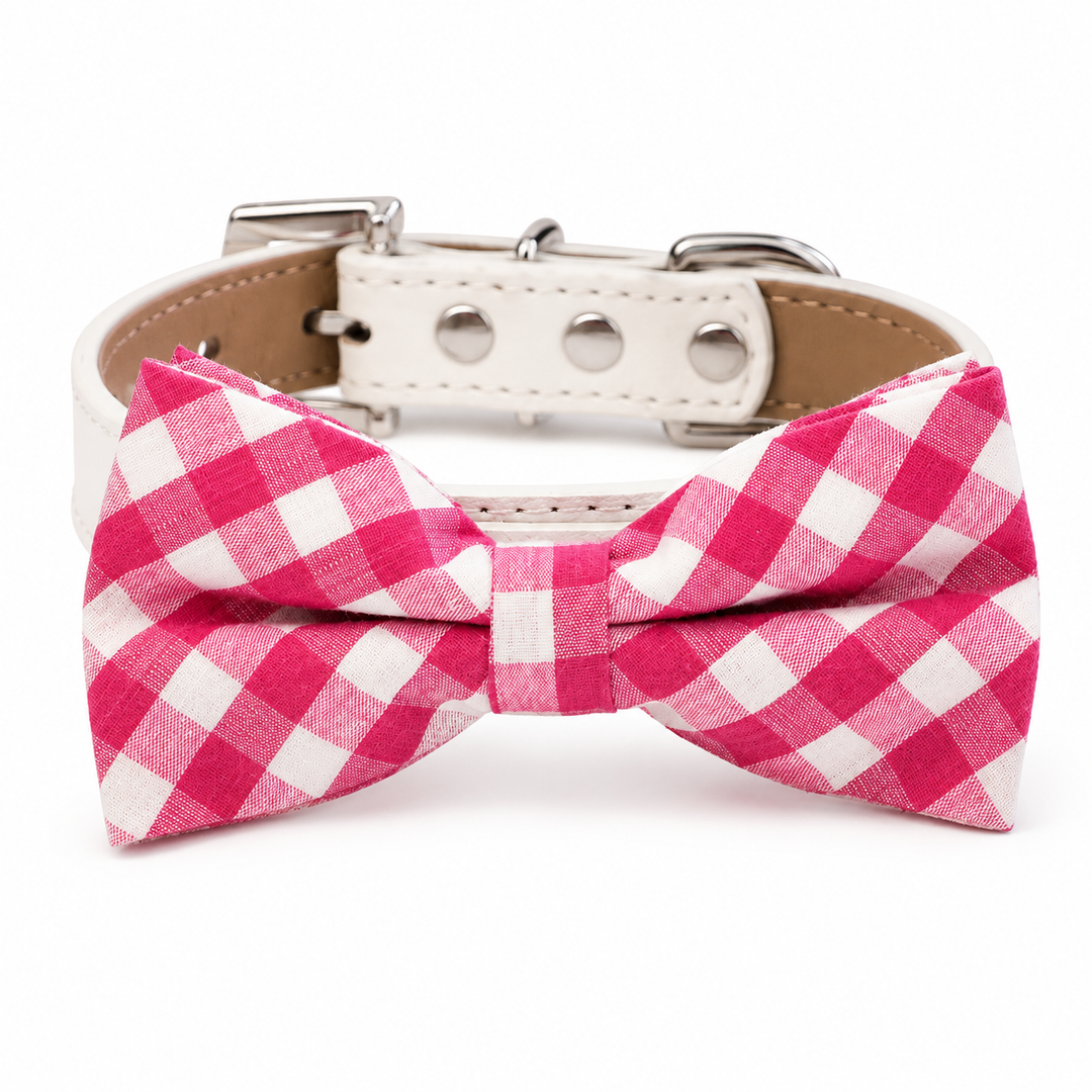 Pink gingham dog bow tie collar with white vegan leather collar and classic checkered pattern