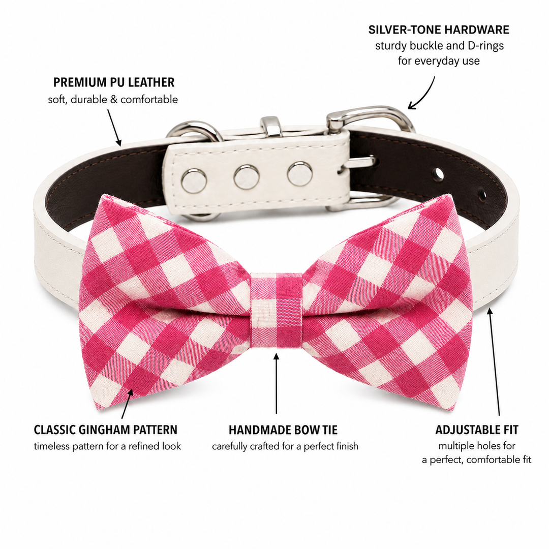 Pink gingham dog bow tie collar feature guide showing vegan leather collar, silver-tone hardware, adjustable fit, and handmade bow tie