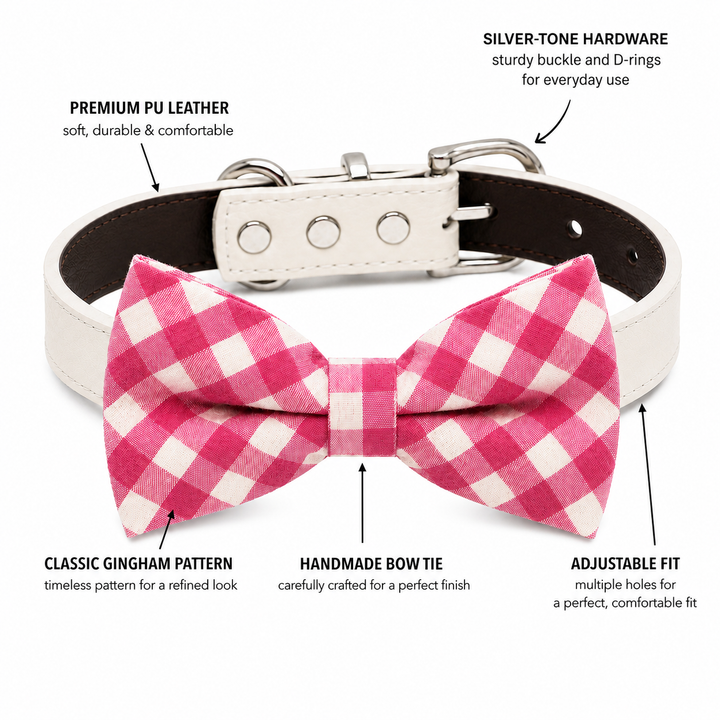 Pink gingham dog bow tie collar feature guide showing vegan leather collar, silver-tone hardware, adjustable fit, and handmade bow tie