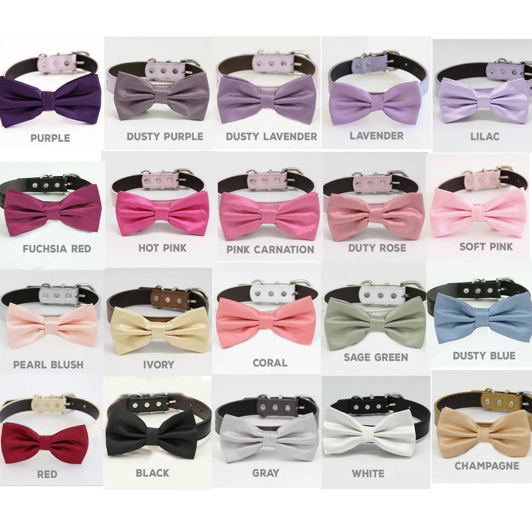 Dog bow tie collar color options chart showing purple, pink, blue, green, ivory, champagne, black, white, and gray color selections.