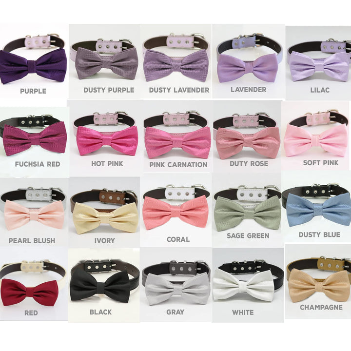 Dog bow tie collar color options chart showing purple, pink, blue, green, ivory, champagne, black, white, and gray color selections.