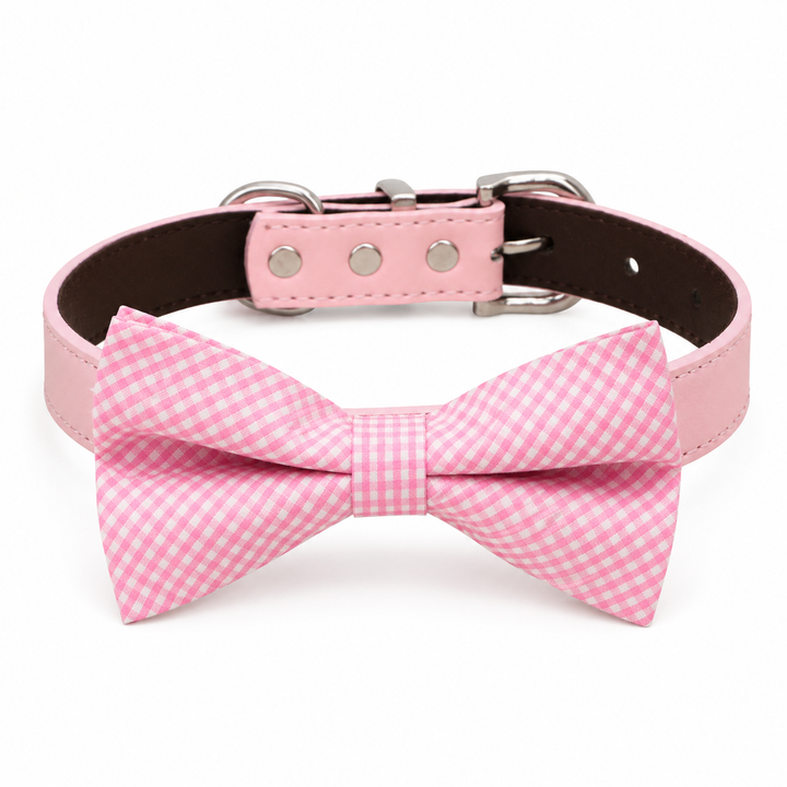 Pink micro gingham dog bow tie collar with pink vegan leather collar and classic checkered design