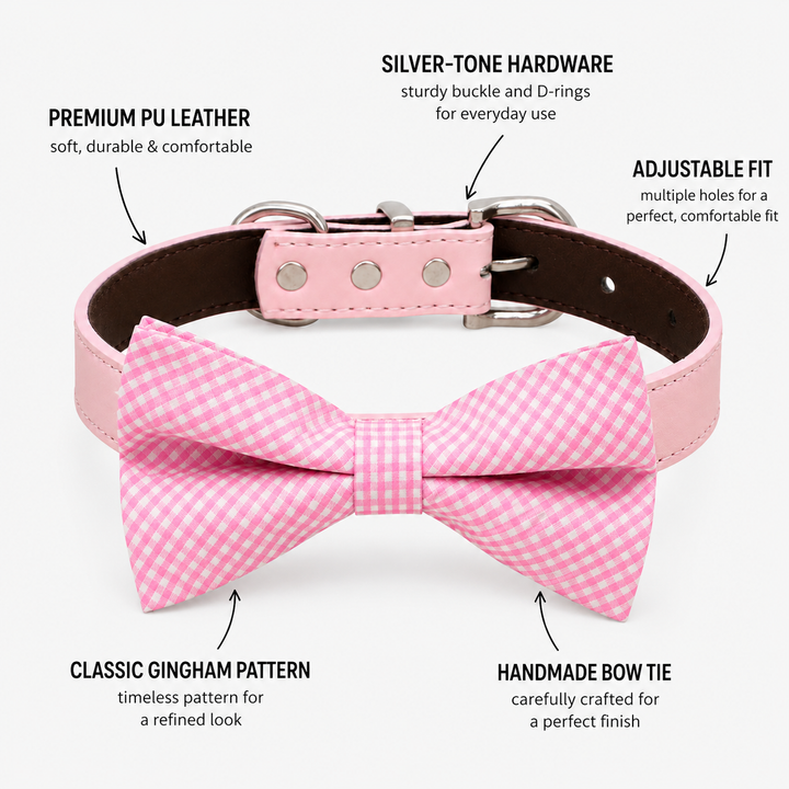 Pink micro gingham dog bow tie collar feature guide showing vegan leather collar, silver-tone hardware, adjustable fit, and handmade bow tie