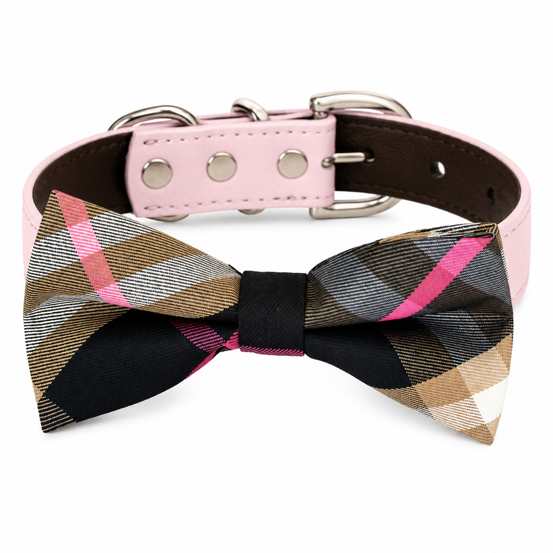 Pink plaid dog bow tie collar with blush pink vegan leather collar and classic check pattern