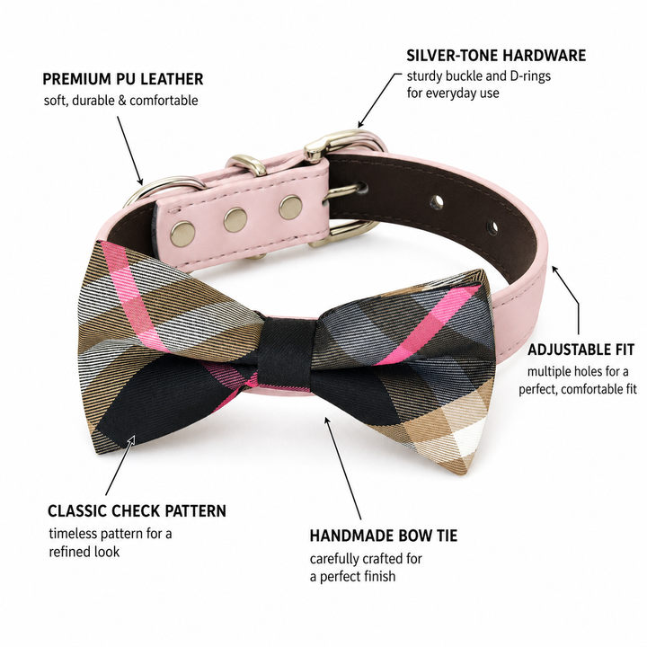 Pink plaid dog bow tie collar feature guide showing vegan leather collar, silver-tone hardware, adjustable fit, and handmade bow tie