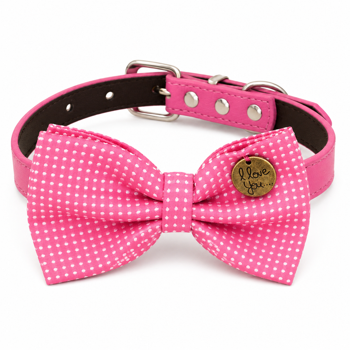Pink polka dot dog bow tie collar with decorative love charm and bright pink vegan leather collar