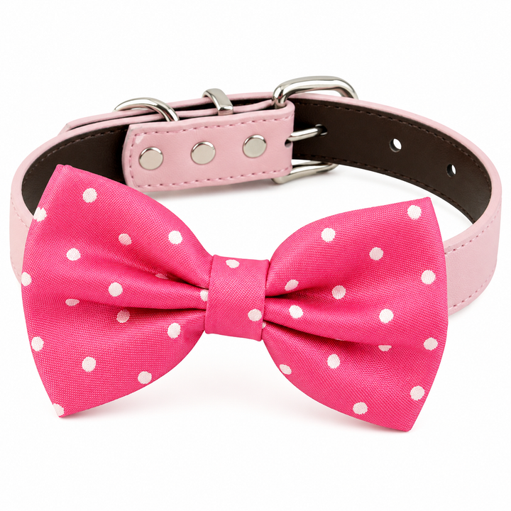 Pink polka dot dog bow tie collar with light pink vegan leather collar and classic white dot pattern