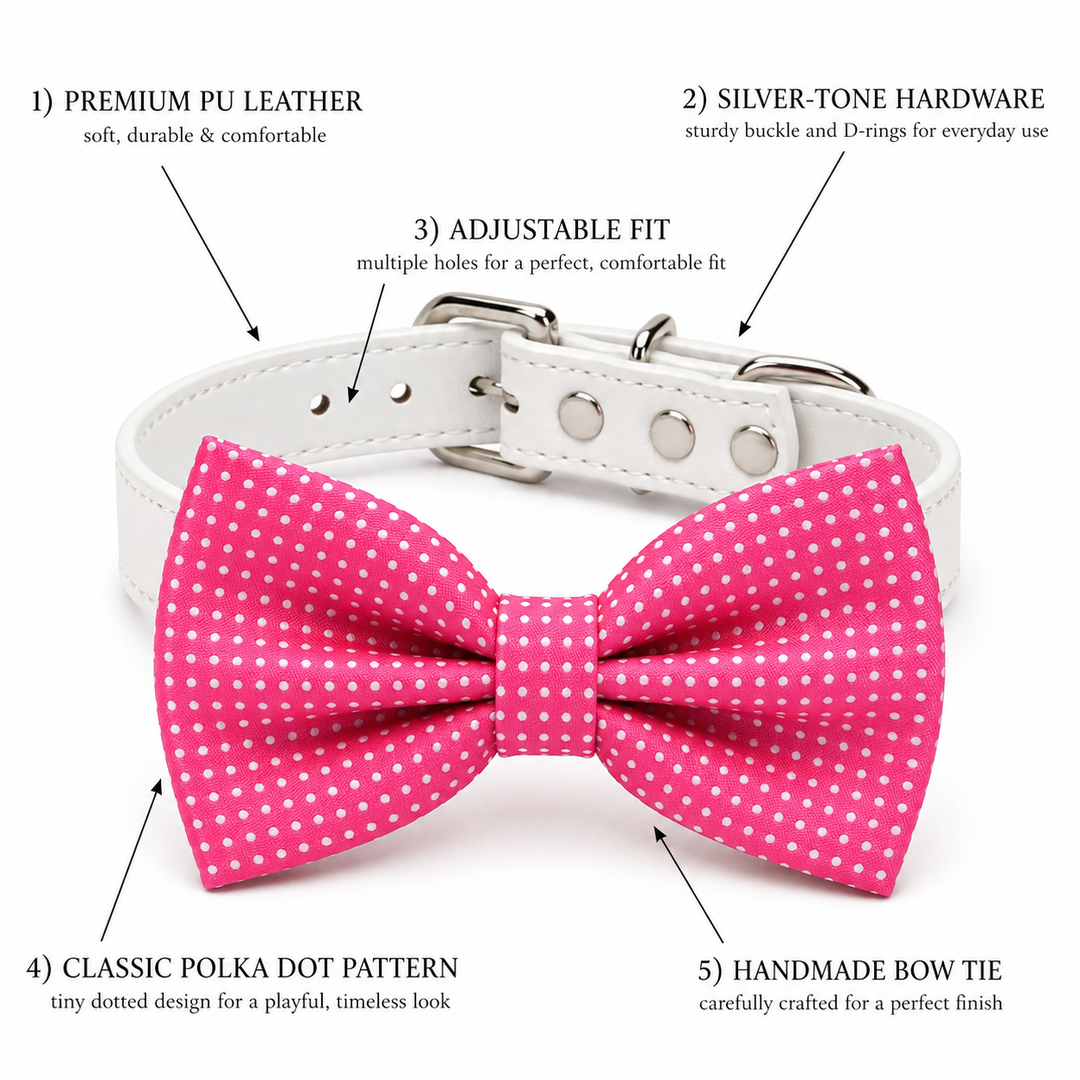 Pink polka dot dog bow tie collar feature guide showing vegan leather collar, silver-tone hardware, adjustable fit, classic polka dot pattern, and handmade bow tie