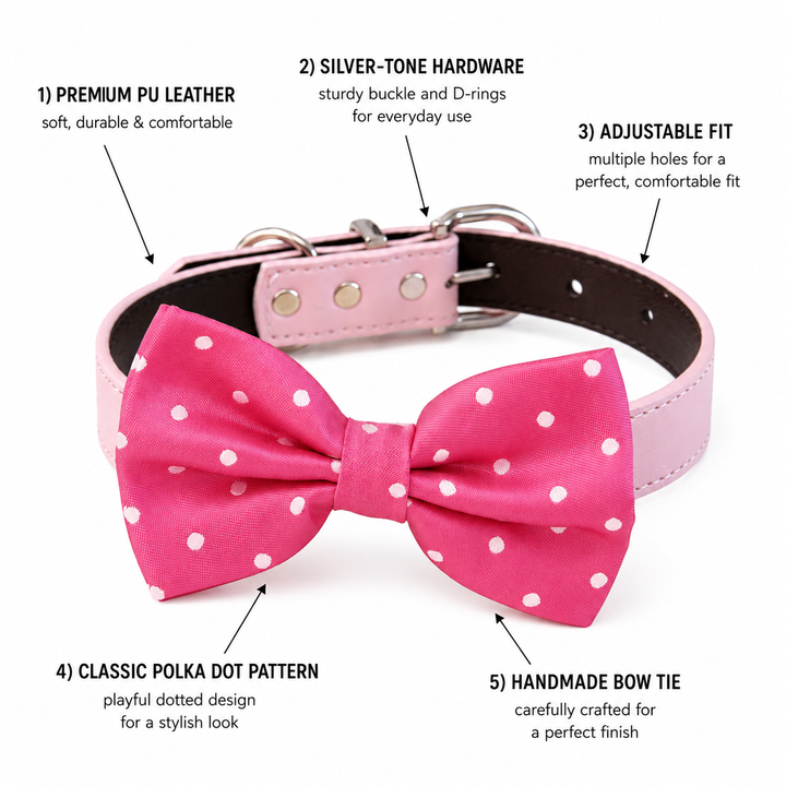 Dog bow tie collar feature guide showing pink polka dot bow tie, vegan leather collar, silver-tone hardware, and adjustable fit