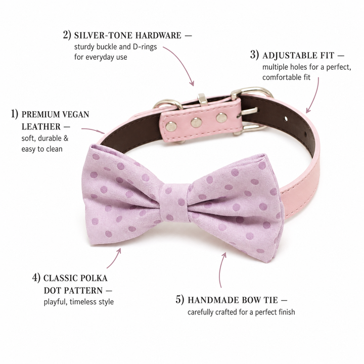 Feature guide showing pink polka dot dog bow tie collar with vegan leather collar, silver hardware, adjustable fit, and handmade craftsmanship
