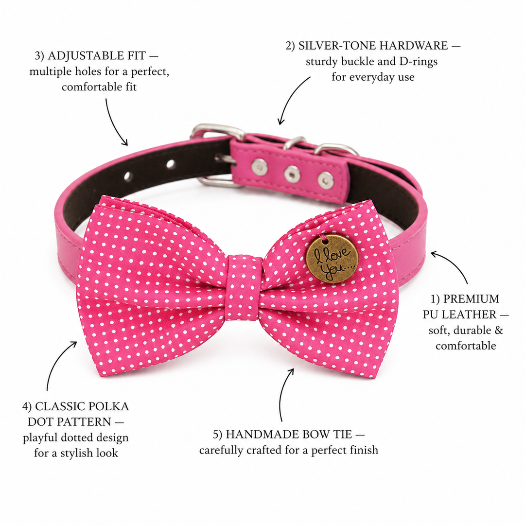 Pink polka dot dog bow tie collar feature guide showing vegan leather collar, silver-tone hardware, adjustable fit, decorative charm, and handmade bow tie
