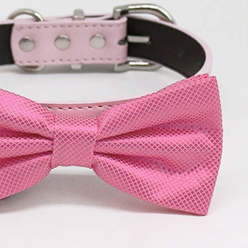 Close-up of a pink textured dog bow tie attached to a matching vegan leather collar.