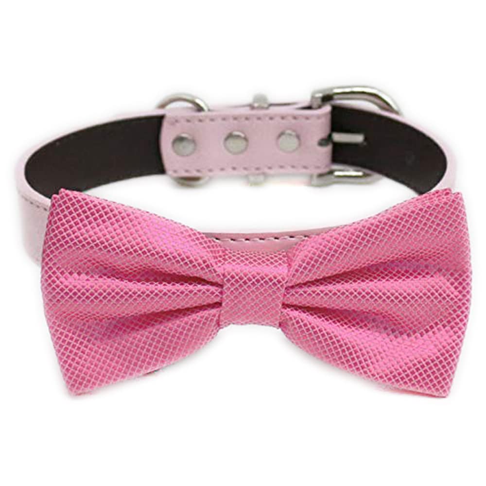 Pink textured dog bow tie collar with matching pink vegan leather collar and silver-tone hardware.