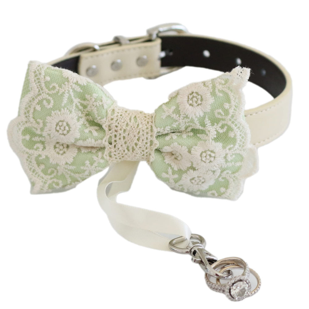Pistachio green lace ring bearer dog bow tie collar with attached wedding ring holder ribbon, floral embroidered lace bow tie, and ivory vegan leather collar for weddings and formal celebrations