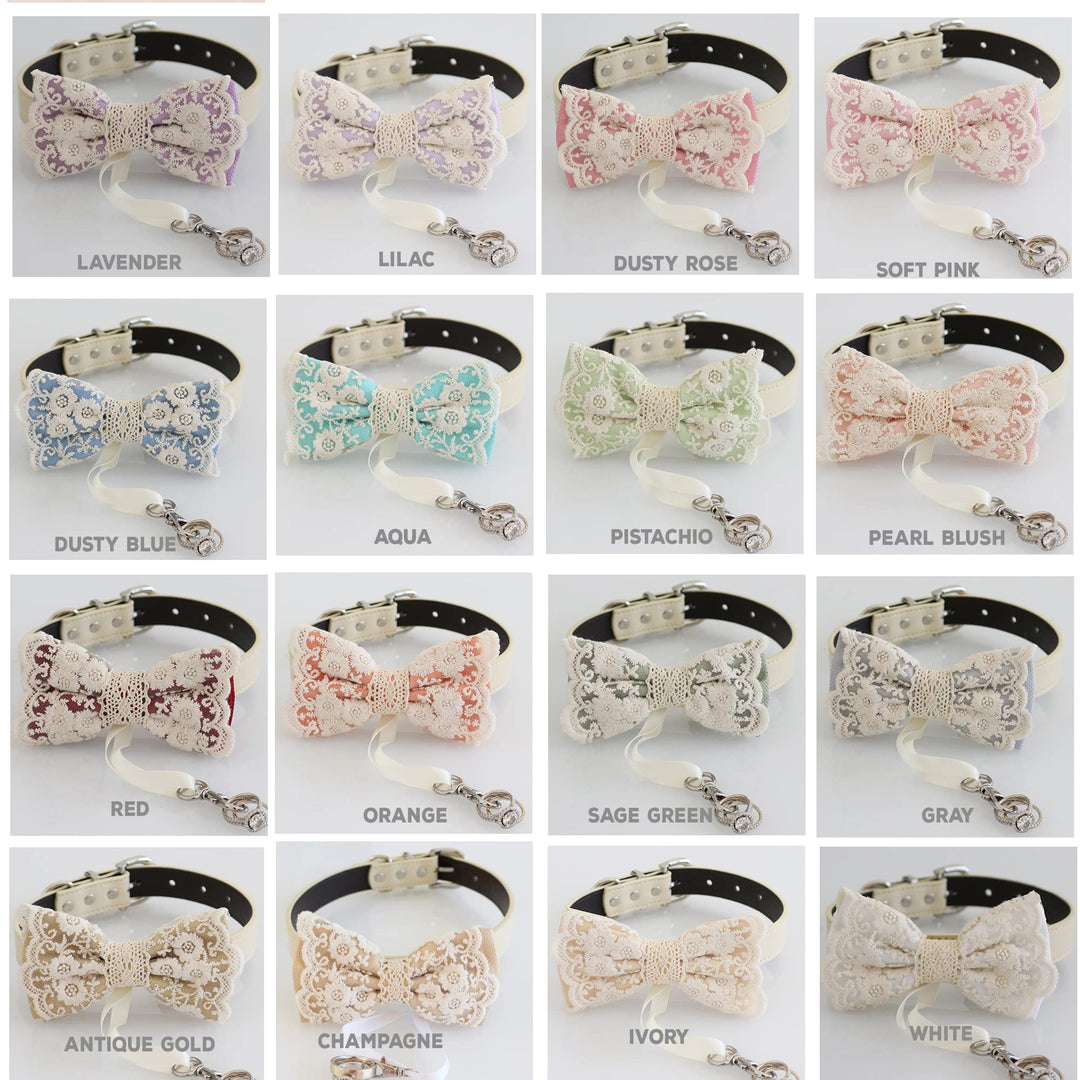 Ring bearer dog bow tie collar color chart showing lavender, lilac, dusty rose, soft pink, dusty blue, aqua, pistachio, pearl blush, red, orange, sage green, gray, antique gold, champagne, ivory, and white color options