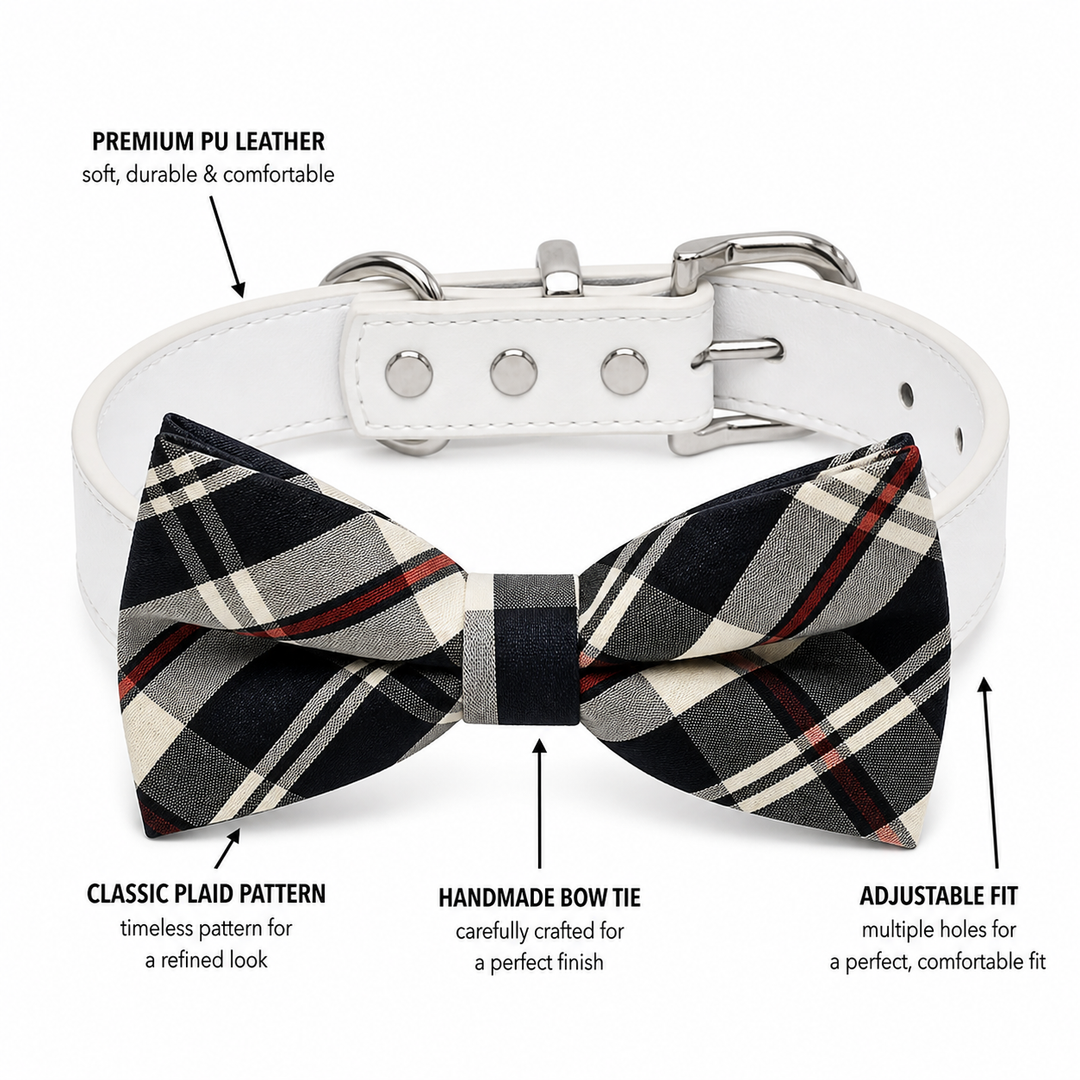 Plaid dog bow tie collar highlighting premium vegan leather, handmade bow tie, adjustable fit, and classic pattern.