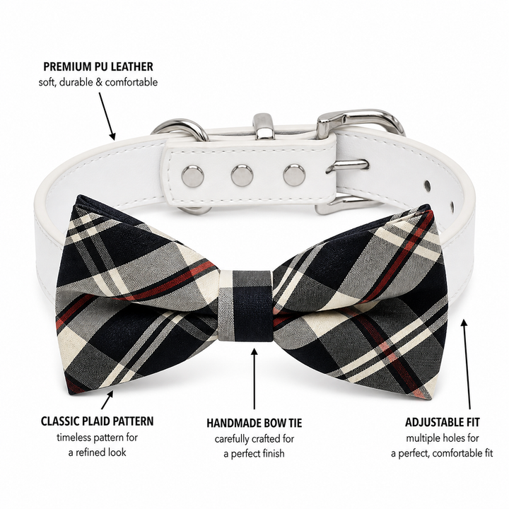 Plaid dog bow tie collar highlighting premium vegan leather, handmade bow tie, adjustable fit, and classic pattern.