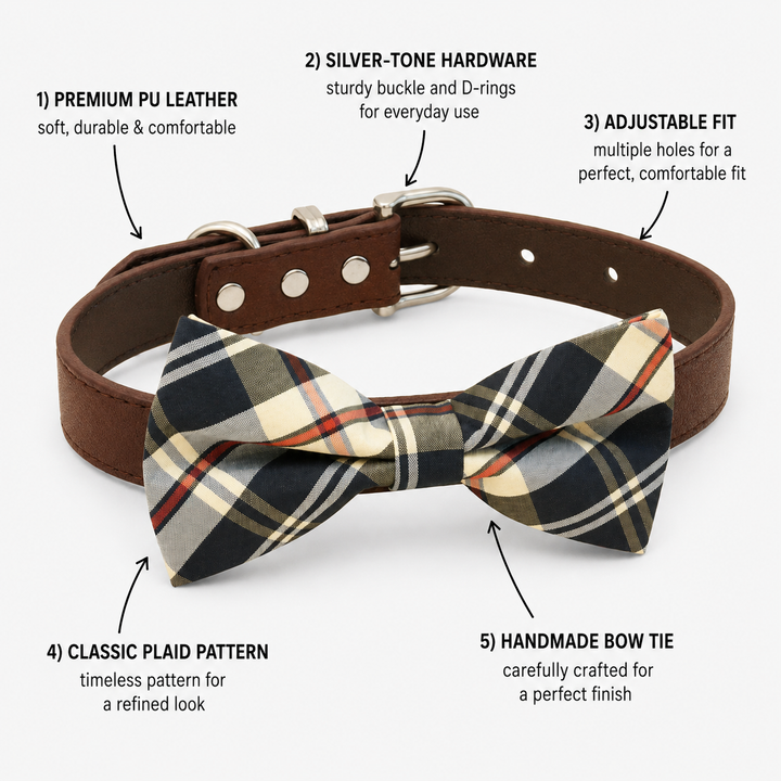 Dog bow tie collar feature guide showing classic plaid pattern, brown vegan leather collar, silver-tone hardware, adjustable fit, and handmade craftsmanship