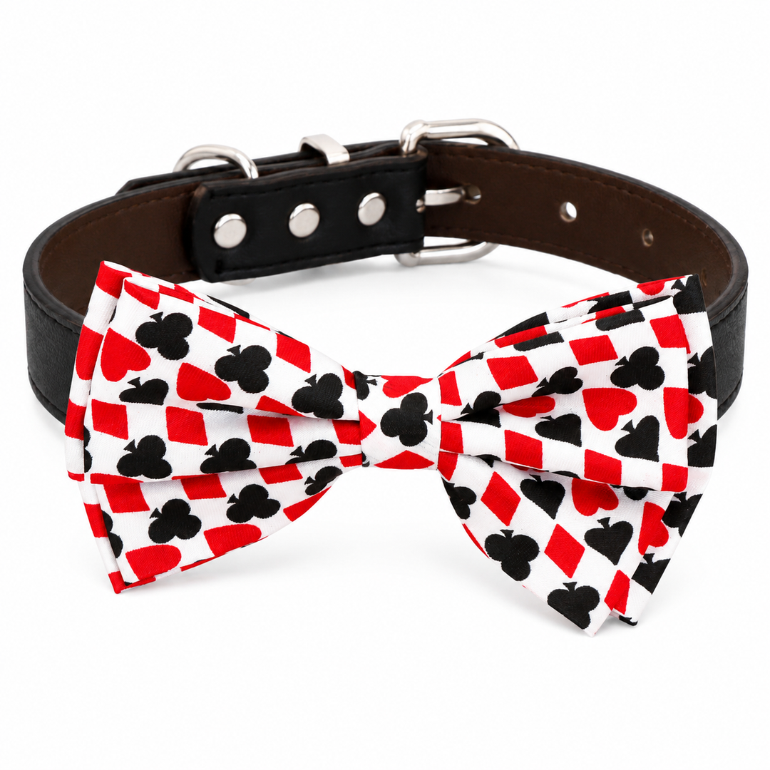 Playing card pattern dog bow tie collar with black vegan leather collar and silver-tone hardware