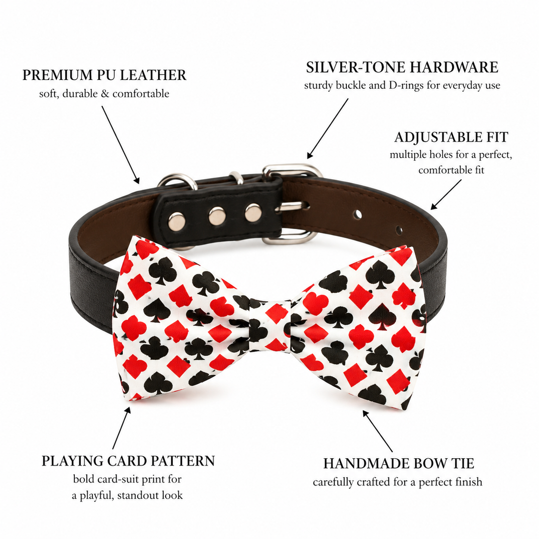 Playing card pattern dog bow tie collar feature guide showing vegan leather collar, silver-tone hardware, adjustable fit, playing card pattern, and handmade bow tie