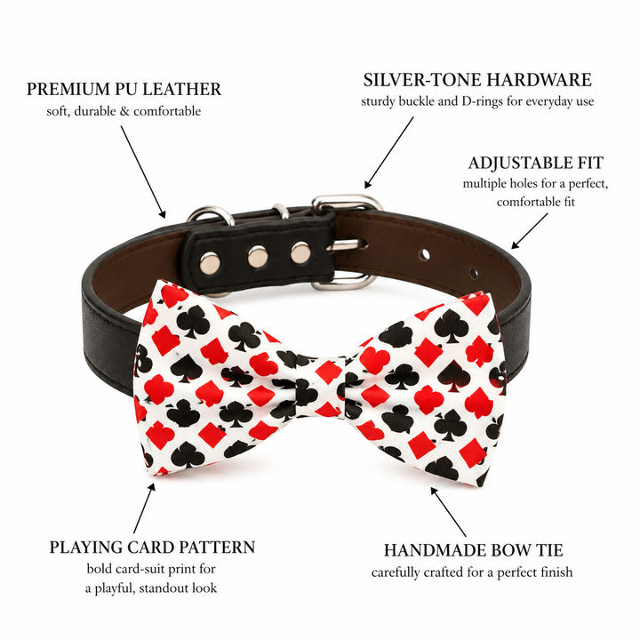 Playing card pattern dog bow tie collar feature guide showing vegan leather collar, silver-tone hardware, adjustable fit, playing card pattern, and handmade bow tie