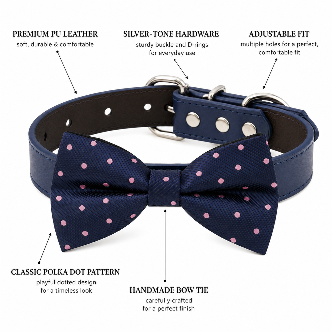 Dog bow tie collar feature guide showing navy blue polka dot bow tie, vegan leather collar, silver-tone hardware, adjustable fit, and handmade craftsmanship