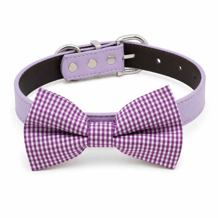 Purple gingham dog bow tie collar with lavender vegan leather collar and silver-tone hardware